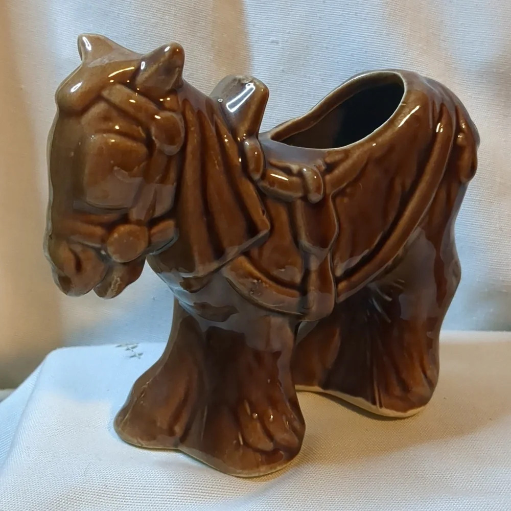 Vintage MCM Brown Gloss Painted Standing Clydesdale Horse Planter Pot